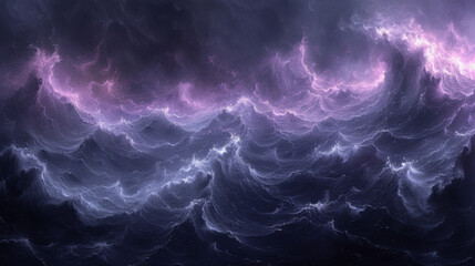 Texture of a stormy nimbostratus cloud with layers of dark grey and purples reminiscent of rough ocean waves. - obrazy, fototapety, plakaty