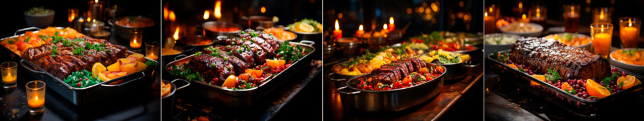 food buffet awaiting clients during a wedding, bokeh panorama style, warm color palette,