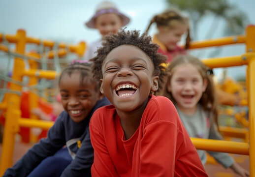 Sunny Days of black children Playful Togetherness: Carefree Preschoolers Laughing, Learning, and Creating Joyful Memories in the Vibrant Outdoors with Friends and Positive Energy