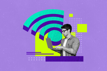 Collage creative picture young man freelancer remote worker hold laptop internet wifi connection...
