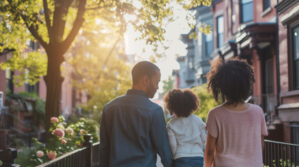 African American family walking on the city street along the residential buildings, on a sunny summer day. Diversity, new life, multicultural people in urban environment.