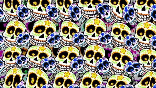 Seamless background with Mexican sugar skulls mosaic. Halloween vector style animation with catrina illustration 