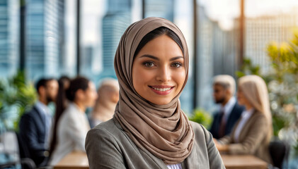 Professional woman in a hijab standing confidently in a modern office with colleagues discussing in the background, cityscape visible through the window.