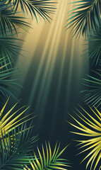 Shaded tropical leaves on a calm, gradient abstract background with sun rays.