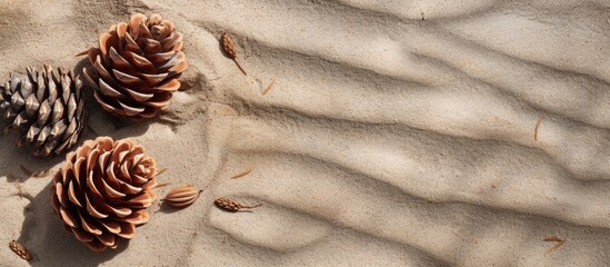 Two dry pine cones are positioned on top of a sandy beach, creating a rustic and arid scene. The texture of the sand contrasts with the rugged appearance of the pine cones, adding depth to the