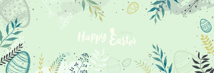 Easter eggs and plants on a light green background. Easter banner with plants and greetings for the holiday. Easter eggs are drawn in dots. Happy Easter. A shape for a greeting card or other.