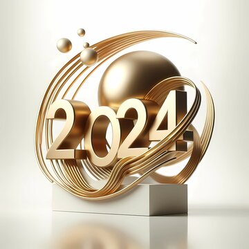 Elegant 2024 Golden Sculpture in Minimalist Style on White Background