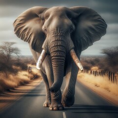 Fototapeta na wymiar African bull elephant walks down African road 