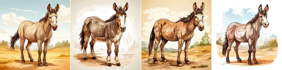 cartoon donkey standing on a white background, dark brown and dark beige style, rural life images,