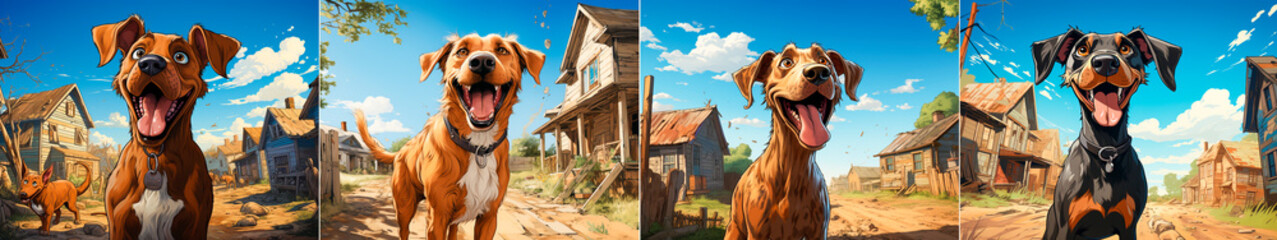 Cute cartoon dog barking near a village house. Rural theme with images of rural life and activities. Brings countryside charm to your design projects.