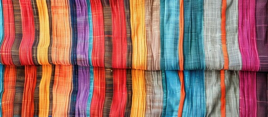 A close-up view of a multicolored striped fabric, possibly a tablecloth or textile material. The vibrant colors and distinct stripes create a visually striking pattern.