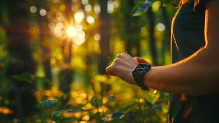 Sun-Kissed Serenity: Smartwatch elegance meets the golden hour in nature's lap - obrazy, fototapety, plakaty
