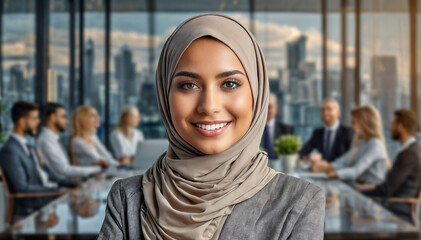 Professional woman in a hijab standing confidently in a modern office with colleagues discussing in the background, cityscape visible through the window.