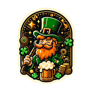Sticker por el dia de San Patricio, duende verde con cerveza y oro