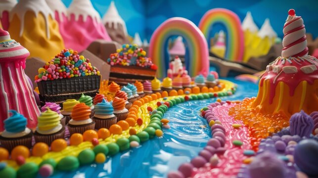 Whimsical candy land with rainbow rivers and chocolate mountains