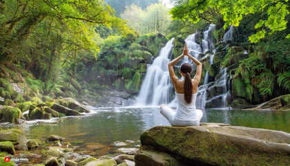 A white dressed girl who practise yoga in front of a waterfall in the forest