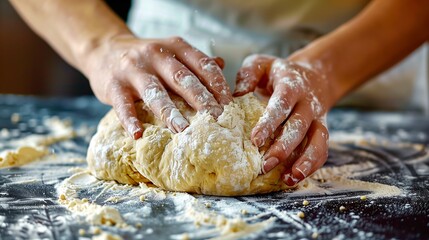 The bakers flour-dusted fingertips shape the dough with precision and care. - obrazy, fototapety, plakaty