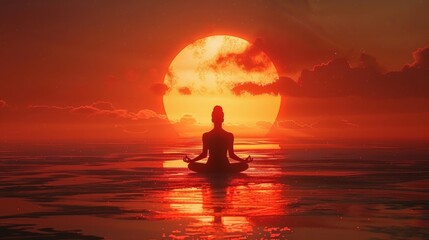 Fototapeta premium A serene image of an individual meditating before a large, setting sun over calm waters, evoking peace and mindfulness.
