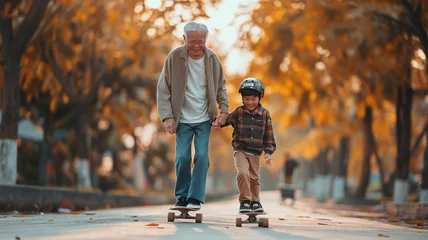 Poster An elderly man teaches a young boy to skateboard in a park during autumn, symbolizing family bonding and intergenerational activities. © iSomboon