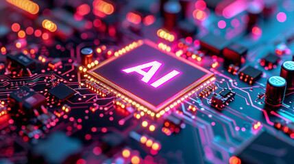 Futuristic AI microchip on a vibrant blue and pink glowing circuit board, conveying a high-tech and innovative atmosphere, suitable for tech industry promotions or STEM events.