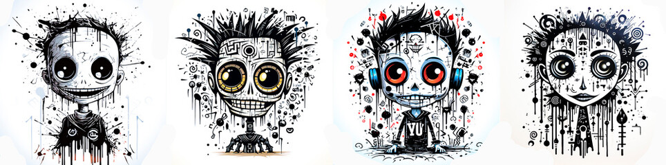 cartoon with text "feel the haze" tattoo on forehead, woodcut style, cybernetic punk,