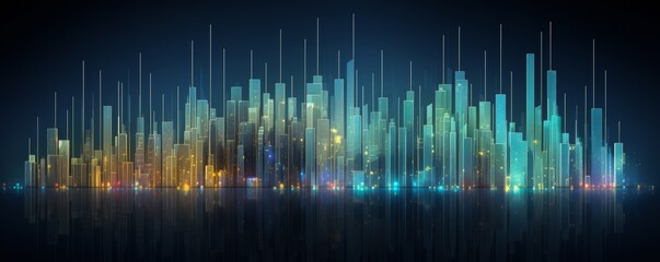 Futuristic abstract cityscape with glowing lights and reflections on water, evoking a tranquil yet modern urban night that could suit technology themes or corporate events.