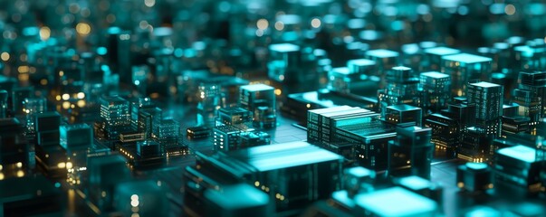 A 3D rendered futuristic cityscape with a moody, neon-lit atmosphere, ideal for tech events or sci-fi media.