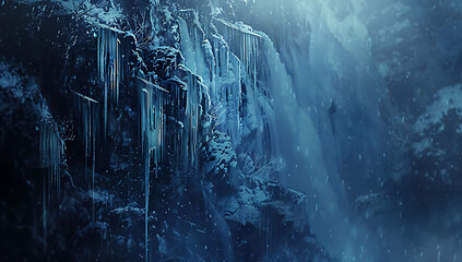 icy cliff with icicles and waterfalls close ups photo