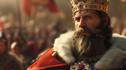 Regal king in a detailed fur cloak and ornate crown looks onward, his intense gaze emanating power, with a blur of armored soldiers in the background looming battle - obrazy, fototapety, plakaty