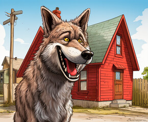 The cartoon wolf adds a comedic element to the rural American setting. The satirical style of humor The Red House symbolizes classic storybook tropes with a humorous twist.