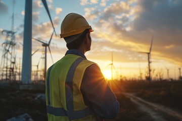 An engineer in safety gear overlooking wind turbines at sunset, symbolizing innovation in renewable energy and suitable for events like World Environment Day. - obrazy, fototapety, plakaty