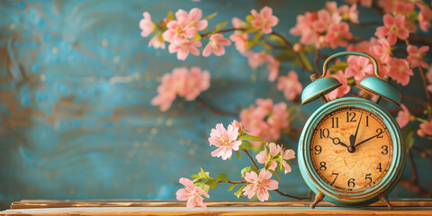 Alarm clock with cherry blossoms, switch to daylight saving time in spring, summer time changeover  - obrazy, fototapety, plakaty