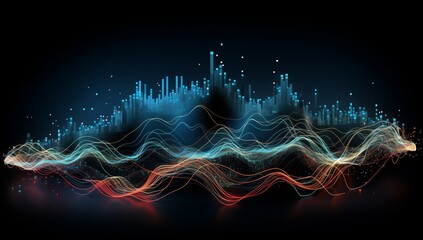 Futuristic abstract composition with glowing waveforms on a dark background, conveying a sense of rhythm and energy, suitable for tech events or electronic music festivals.