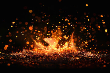 Fototapeta na wymiar Bokeh of fire sparks particles with flame, blurred sparks from fire on dark abstract background.