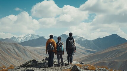 Three hikers with backpacks standing on a mountain peak, looking towards distant mountains and a clear blue sky, ideal for adventure and nature-themed designs or environmental holidays. - obrazy, fototapety, plakaty