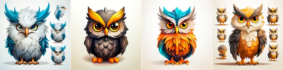 Fotobehang Various concept designs are available for the cartoon owl-shaped assistant. White background to make the design pop. Cute and friendly appearance of the owl shaped assistant. © Татьяна Мищенко