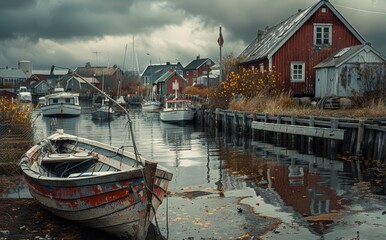 Obraz premium Fishing boat in the bay. Landscape in winter in Norway.