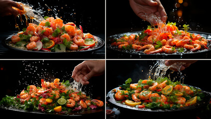 chef throwing shrimp out of wok, black background style, elegant figures,