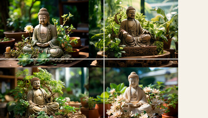 Chinese Buddha statue sits in a garden with a lot of greenery, in a light beige style