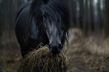 Portrait of a horse eating hay