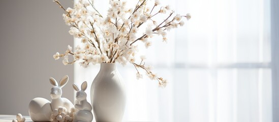 A white vase filled with white flowers stands on a table, next to two white rabbits. The scene is set in a light living room with tree branches and Easter eggs.