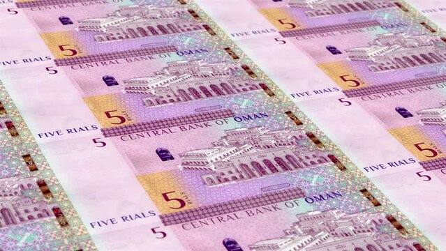 Oman Omani Rial 5 Banknotes Money Printing House, Printing Five Omani Baisa, Printing Press Machine Print out Omani Rial, Being printed by currency press machine 5 Omani Rial banknote