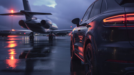 Luxury Airplane on Tarmac with Elite Sports SUV in Elegant Night Scene