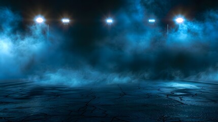 A dark empty street, dark blue background, an empty dark scene, neon light, spotlights The asphalt floor and studio room with smoke float up the interior texture. night view