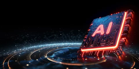 AI word on microchip over world with small spot light spread , AI concept with copyspace banner background, Generative AI. © happystock
