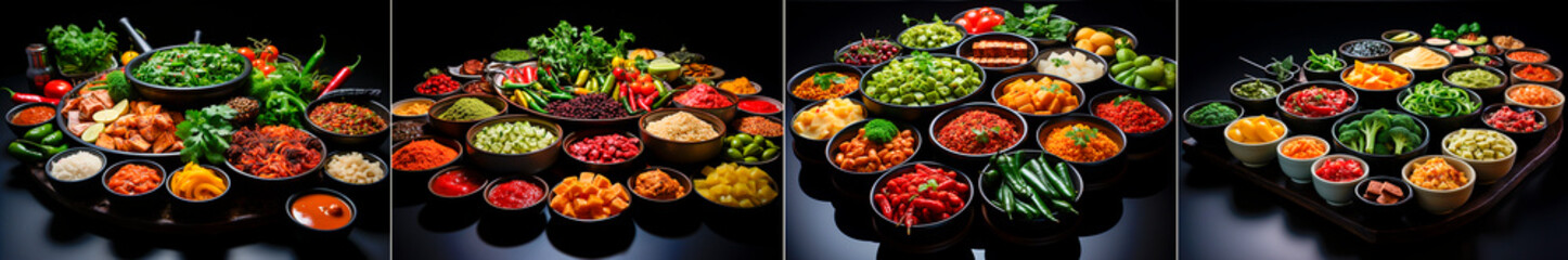 collage of different types of food on a black background, in an orderly arrangement style,