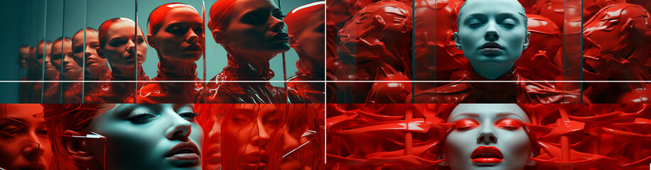 collage of five red faces in a red frame, in the style of generative art, minimal retouching, animated gifs, reflections,