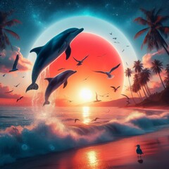 Two dolphins are leaping joyfully from the ocean. Tropical beach scene at sunset