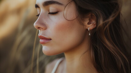 Small silver earrings in woman earrings, light neutral background. Delicate silver earrings adorn a woman ears, adding a touch of elegance