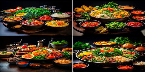 Visually appealing display of different dishes. Ideal for showcasing different cuisines or menu options. Great for social media posts or restaurant marketing materials.